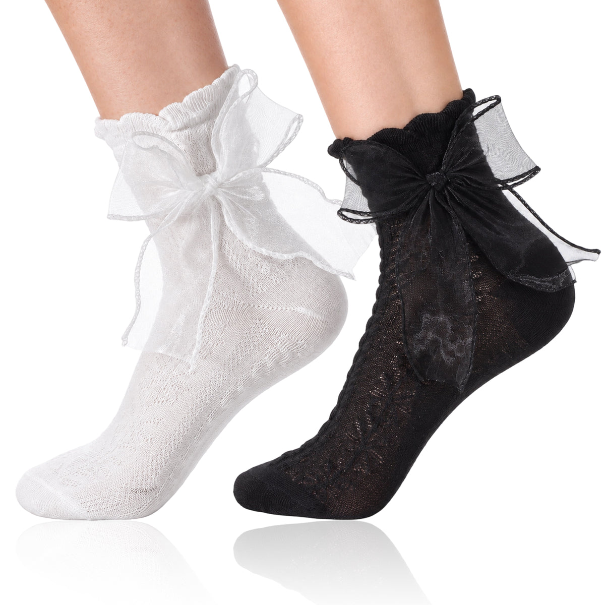 Zyghjort Ruffle Ankle Socks Women, 2 Pcs Bow Lace Ruffle Socks