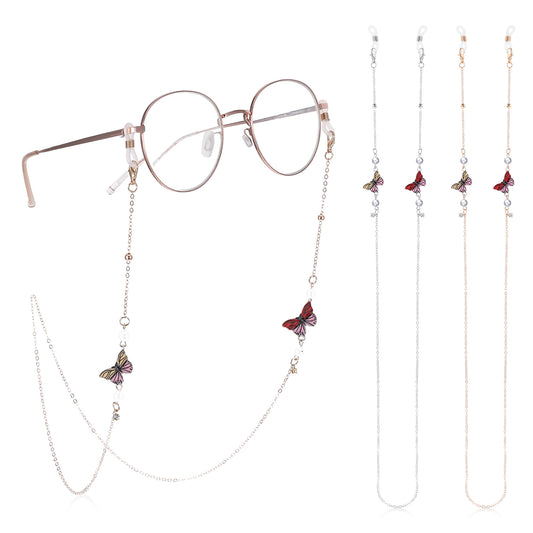 Xthrotsenk 2 Pcs Metal Eyeglasses Chain Butterfly Beaded Glasses Straps for Women Gold ? Silver Fashion Eyeglasses Chain for Sunglasses Myopia Glasses Reading Glasses