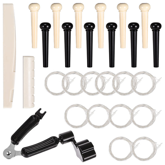 14 PCS Acoustic Guitar Bridge Pins Guitar Pegs with 3-in-1 Pin Puller Remover String Winder Cutter and 12 PCS Classical Nylon Guitars Strings Saddle Nut Replacement Parts Accessories Tools Kit