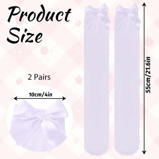 Hariendny 2 Pairs Knee High Socks With Bows White Black Thigh High Stockings With Bows Satin Bow Stockings Knee Highs Stocking With Bow for Women Girls, Over The Knees Stocking