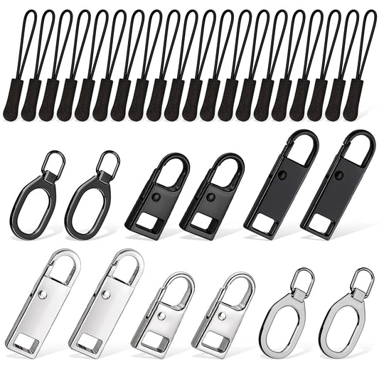 Zipper Pull Replacement，32 PCS Universal Zipper Replacements Metal/Nylon Zipper Slider Heavy Duty Detachable Zipper Repair Kit Zipper Tab Replacement for Luggage, Clothing, Backpacks, Purses, Handbags