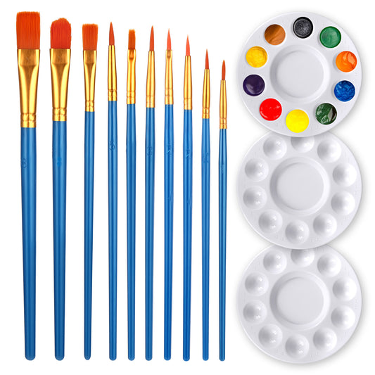 Paint Brushes Palette Set Round Paint Tray Palettes Nylon Hair Brushes 10 Pcs Blue Acrylic Paint Brushes and 3 Pcs Plastic Paint Palettes Paintbrushes for Drawing and Art Supplies