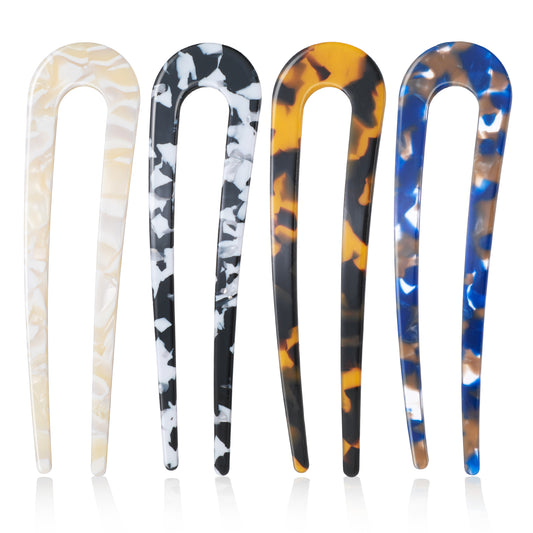 4PCS French Hair Forks U Shaped Hairpin, Tortoise Shell 2 Prong Bun Hair Sticks Cellulose Acetate U Shape Chignon Pin Tortoise Hair Pin for Women, Vintage Style Thick Long Hair Styling Accessories