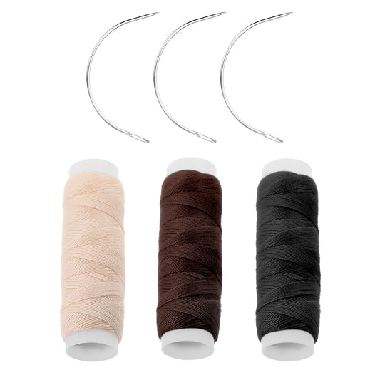 3 Rolls Hair Weaving Thread Professional Hair Extension Tools Sewing Threads and Needles Set Hair Extensions Thread with 3 Pcs C Shaped Needles for Making Wig DIY Hand Sewing Hair Weave Extension
