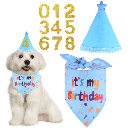 Dog Birthday Decorations, Adjustable Dog Hats with Glitter Numbers Dog Birthday Party Hat Dog Puppy Birthday Boy Bandanas Hat Set for Small Medium Large Boy Dogs Cats Birthday Party Supplies, Blue