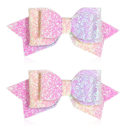 2 Pcs Glitter Hair Bow Clips, Multicolor Sparkling 5 Inch Hair Bows for Girls Sparkly Double Bowed Accessories Glitter Sequin Boutique Head Clip Delicate Satin Headwear Set for Birthday Wedding Party