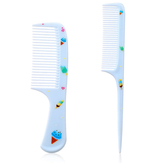 Cute Hair Comb Set, 2 Pcs Blue Ice Cream Combs for Women Plastic Fine Tooth Rat Tail Combs Portable Detangling Hair Comb for Women Girls All Hair Types Long Short Wet Dry Curly Straight Hair