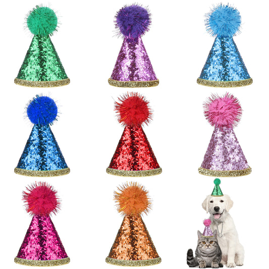 Colorful Mini Party Hats, 8 Pieces Cat Birthday Hat Dog Party Hats Glitter Cat Hats Cute Puppy Hat with Pom Poms Adjustable Dog Birthday Cone Hats for Cats Dogs Pets Stuffed Animals Party Accessories