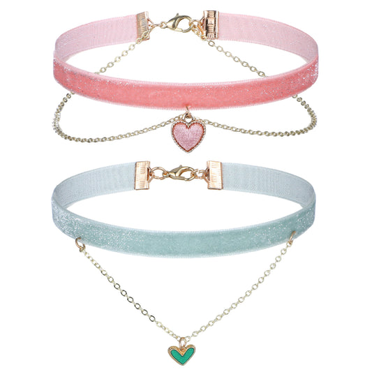 salbsever 2 Pcs Pink Choker Necklace Bling Bling Velvet Choker Necklace Set with Heart Pendant Adjustable Cute Velvet Chokers Green Chokers for Women（Pink and Mint Green）