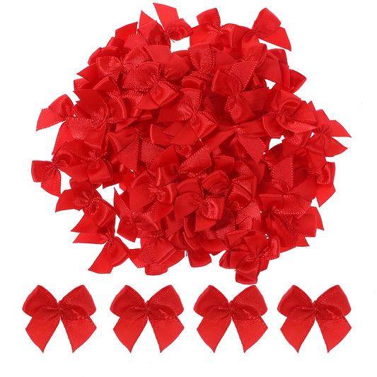 Mini Bows, 100 Pcs 1 Inch Ribbon Bows Satin Twist Tie Bows Tiny Premade Craft Bows for DIY Sewing Crafts Gift Wrapping Basket Wedding Birthday Christmas Party Scrapbooking Decorations (Red)
