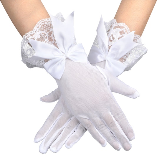 Mozeat Lens White Lace Gloves Women Tea Party Gloves Tulle Bow Short Dress Gloves Elegant Clothes Accessories for Evening Wedding Prom Funeral Dinner Party Sun Protection