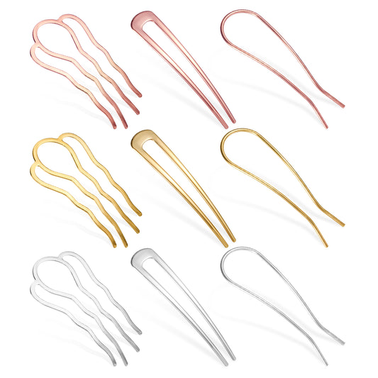 9 Pcs French Hair Pins for Women, Gold Silver Updo Hair Accessories, Metal Hair Side Combs, U Shaped Hair Pins for Buns Twist, Vintage Forks Sticks, Non Slip Hair Sticks for Thick Fine Hair