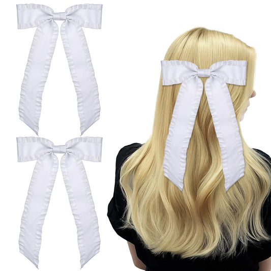 2PCS Hair Bows for Women Girls Hair Ribbon Hair Bows With Long Tail Silky Satin Hair Bows and Ribbons White Tassel Hair Ribbon Bowknot Hair Clips Vintage Hair Accessories for Women