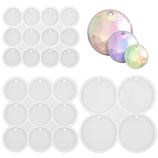 3 Pack Flat Circle Resin Molds Silicone Mold with Hole 3 Sizes Round Earrings Pendant Resin Molds with 25 Cavities Round Round Keychain Mold for DIY Pet Tag Jewelry Making Epoxy Resin Art