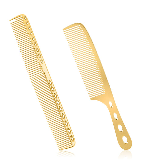 2 PCS Metal Hair Comb, Flat Space Aluminum Comb Double-Ended Versatile Anti Static Heat Resistant Fine Tooth Cutting Comb Hair Parting Tool for Professional Barbers All Hair Styles (Gold)