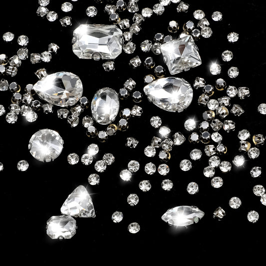 170 PCS Glass Sew on Rhinestones, 11 Mixed Shapes Glass Sew on Crystals, Metal Flatback Claw Gemstones for Crafts, Dress Embellishments, DIY Craft Shoes Dress Jewelry Making