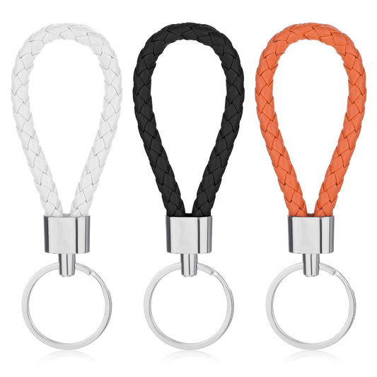 Xthrotsenk 3 Pcs Braided Leather Keychain Pu Key Fob Handwoven Keychains Car Keychain Ring Woven Strap Key Chains Accessories Metal Keyring for Men and Women(Black Yellow White)