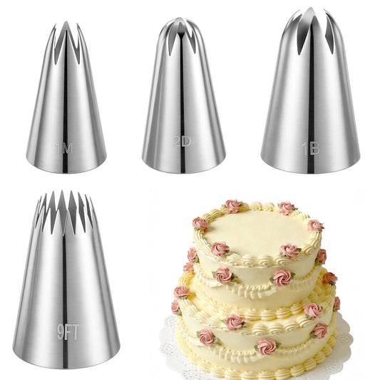 4Pcs Large Piping Tips Set 1M 1B 2D# 9FT Piping Nozzles Icing Nozzles Stainless Steel Cake Decoration Pipings Tips for Buttercream Birthday Cake Cupcake