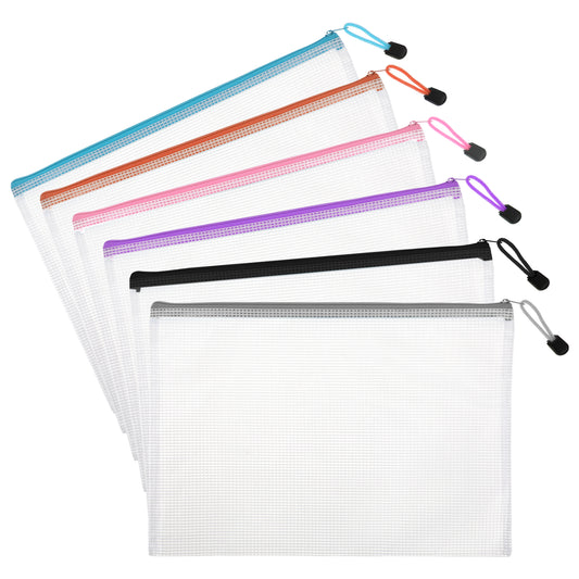 Mesh Bags with Zipper, 6 PCS Mesh Folders A4 Mesh Zipper Pouch Bags Waterproof Clear Zipper Pouches for Organizing, Plastic Mesh Storage Bags File Bags for Puzzle Board Games and Office Supplies