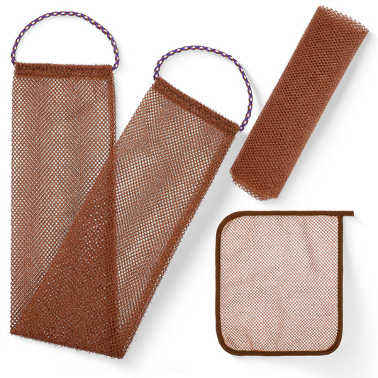3 PCS African Net Sponge with Handles Washcloth for Exfoliating Bath Sponge Net Cloth Body Scrubber Shower Essentials Long Shower Loofah Sponges Back Towel, Brown