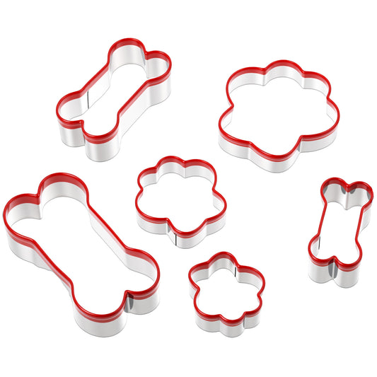 Dog Bone Shapes Cookie Cutters, 6Pcs Dog Bone & Paw Cookie Cutters, Stainless Steel Biscuit Mold with Soft PVC Cover Coated