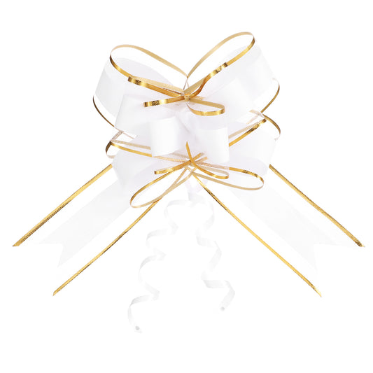 Pull Bows for Gift Wrapping, 15 PCS 6 inches Gift Wrapping Pull Bow Large Gift Bow Ribbon Pull Bows for Christmas Wedding Valentine's Day Birthday Party Baskets Presents(White with Tulle & Gold line)