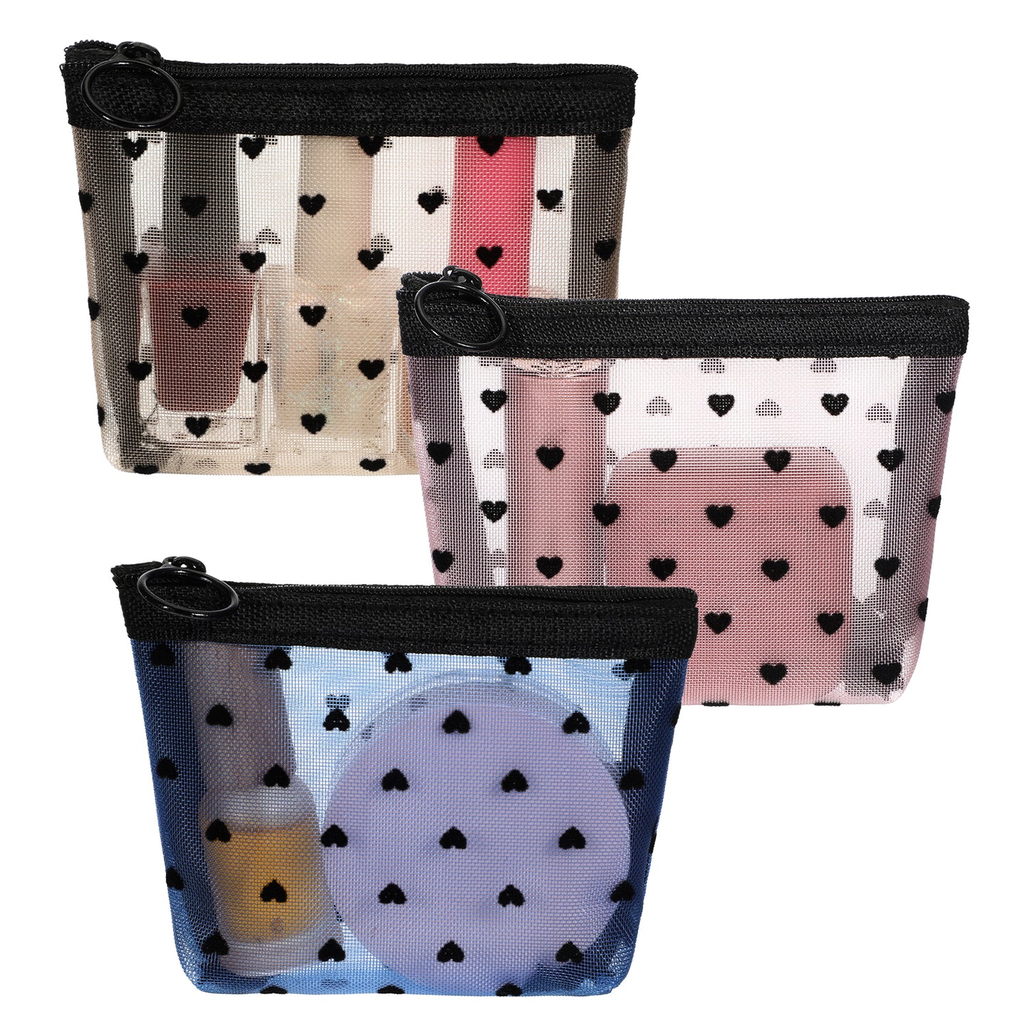3 Pcs Mini Cosmetic Bags Mini Mesh Makeup Bags Heart Print Mesh Zipper Bag Small Purse Bag Lipstick Accessories Organizer for Women (Blue Beige Pink)