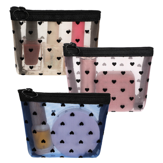 3 Pcs Mini Cosmetic Bags Mini Mesh Makeup Bags Heart Print Mesh Zipper Bag Small Purse Bag Lipstick Accessories Organizer for Women (Blue Beige Pink)