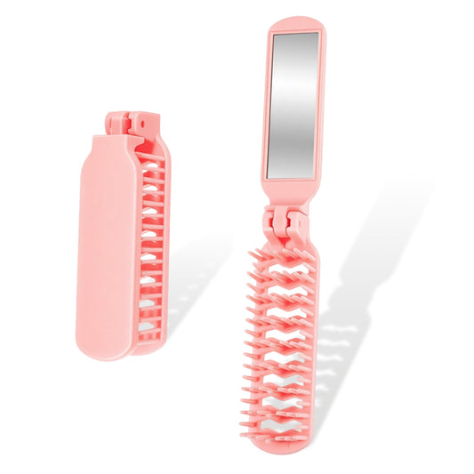 2 Pack Folding Hair Brush With Mirror, Portable Travel Detangling Brush Small Purse Size Compact Pocket Comb for Women Thick Curly Hair - Pink