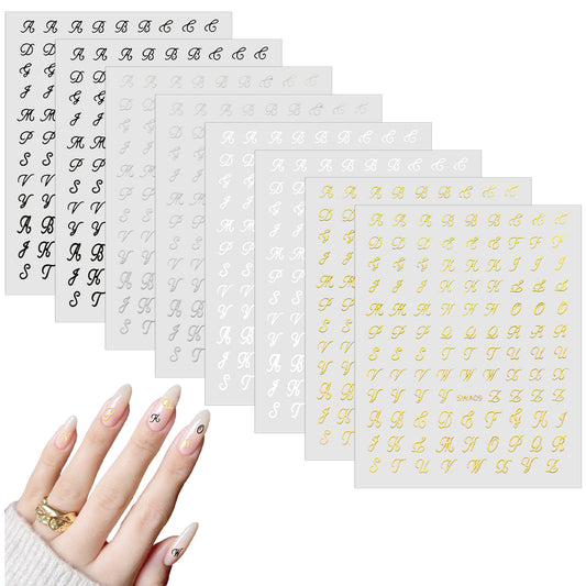 8 Sheets English Letters Nail Stickers 3D Self-Adhesive Letter Stickers Gold Silver Black White Retro English Pattern Letters Nail Art Sticker DIY Manicure Design Stickersfor for Nail Salons