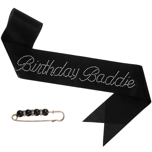 Glitter Birthday Baddie Sash Black Funny Birthdays Party Decorations with Glitter Rhinestones Pearl Pin Happy Birthdays Satin Sashes for Girl Sweet 16Th 18Th 20Th 21St 30Th Party Gift Favor Decoration