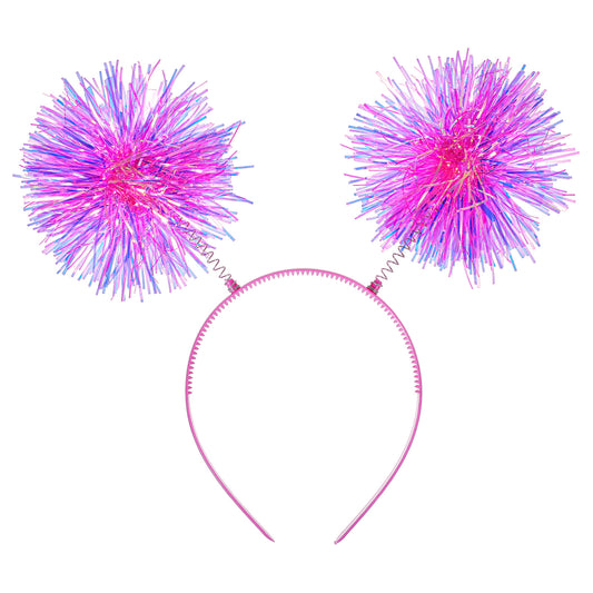 KALIONE 1 Pack Foil Strips Pom Pom Headband Rose Red Fluffy Ball Hair Loop Tinsel Fashion Headband Cosplay Hair Accessories for Women Girls Christmas Birthday Party