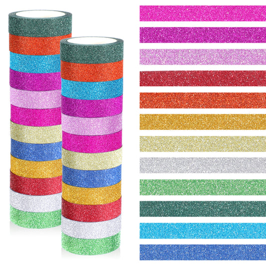 24 Rolls Glitter Washi Tape, 10mm Wide Thin Colored Masking Tape Set Rainbow Metallic Foil Sparkly Decorative Craft Adhesive Tapes for Journaling DIY Crafts Scrapbook Planners Cards Gift Wrapping