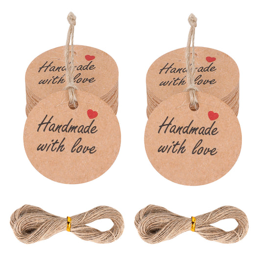 Handmade with Love Tags, 200Pcs Paper Hanging Tags with String 1.2” Round Brown Gift Labels with 131 ft String Personalized Handmade Tag for Crafts Candle Tins Wedding Birthday Party Favors