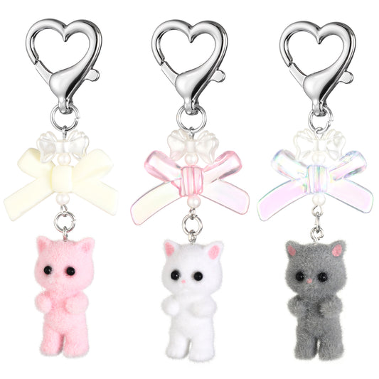 3 Pcs Cute Cat Keychain, Fuzzy Cat Keychain, Aesthetic Keychain, Stylish Cute Keychains, Delicate Kitty Keychains Decor, Y2K Heart Bow Pendant for Women, Cat Keychain Charms for Backpack, Purse, Phone