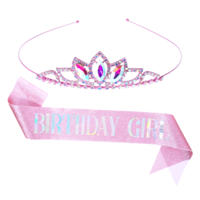 Vin Beauty Birthday Crown Headband Birthday Sash Set Pink Birthday Girl Sash Crystal Crown Tiara Princess Tiara Happy Birthday Accessories Rhinestone Birthday Decorations for Girls