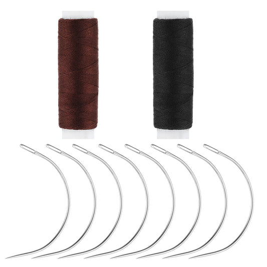 Weaving Needle and Thread Kit with 8 PCS Needles & 2 Rolls Thread, Hand Sewing Leather Nylon Threads for Making Wig Hair Extension Weave Repair(Black, Brown)