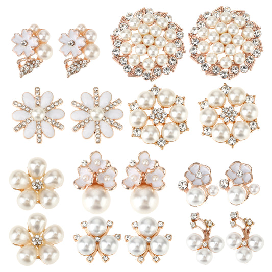 18 Pieces Rhinestone Brooch Buttons, Faux Pearl Embellishments for Crafting Rhinestone Buttons for Women Craft Pearl Crystal Rhinestone Charms for Crafts Jewelry Making DIY Wedding Decorations