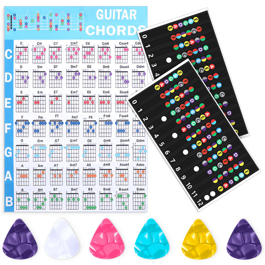 2Pcs Guitar Fretboard Stickers 1Pcs Guitar Chord Chart,with 6Pcs Guitar Picks Coded Note Decals Guitar Tools for Learner Practice Fit 6 Strings Guitar