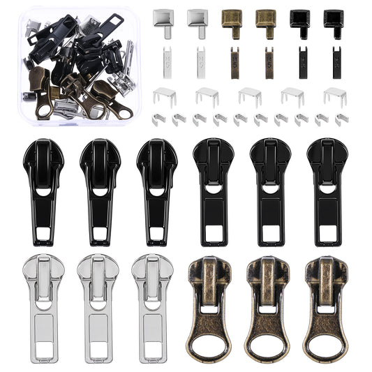 39 Pieces Metal Zipper Repair Accessories Set Zipper Repair Kit #5 Sliders with Pull 12 Pcs Zipper Head Slider Retainer Box Insertion Pin 6 Sets Top Bottom Stoppers Metal Coil Zippers Head for Jacket