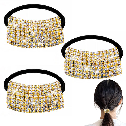 3 Pcs Rhinestone Ponytail Holder, Elastic Hair Tie, Sparkling Crystal Rhinestone, Rhinestone Hair Ties, Fancy Crystal Hair Ties, Headband Hair Accessories for Women Girls (Gold Style)