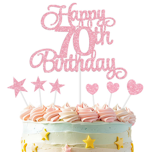 Rose Gold 70th Birthday Cake Decorations, 70th Birthday Candles Cake Numeral Candles and Glitter Happy 70th Birthday Cake Toppers Set Cake Decorating Supplies for Wedding Anniversary Birthday Party