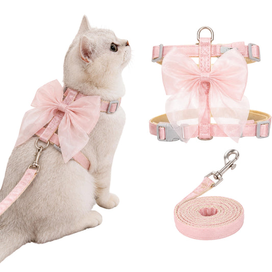 Cat Harness and Leash Set Escape Proof with Pink Bow Decor (M)