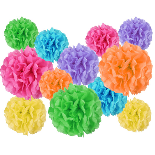 12 Pcs Paper Pom Pom Decorations, Tissue Flowers Decorations for Birthday, Fiesta, Classroom, Party, Playroom Festive Decoration (Assorted Sizes, Multicolor)