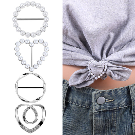 4 Pcs Scarf Ring Clip Round T-Shirt Tie Clips Shiny Metal T-Shirt Clips Adjustable Waist Cincher Clip Clothes Corner Knotted Button Pin (Silver)