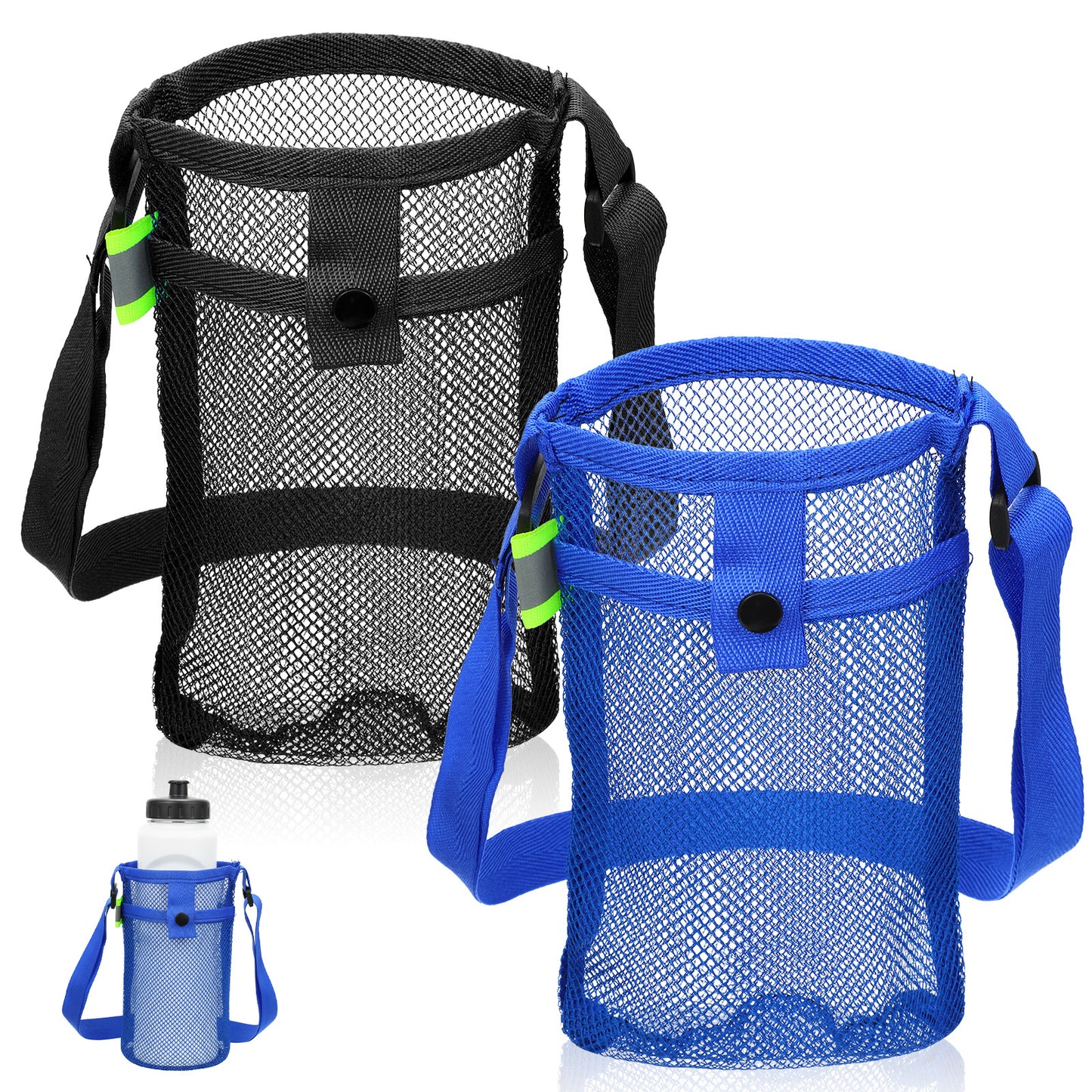 FdcZeyxior Mesh Water Bottle Carrier with Shoulder Strap, 2 Packs Portable Water Bottles Carriers Bag Nylon Water-Bottle Holder with Pocket for Walking Hiking Travelling Camping, Lightweight