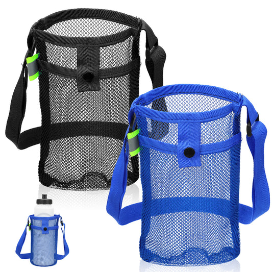 FdcZeyxior Mesh Water Bottle Carrier with Shoulder Strap, 2 Packs Portable Water Bottles Carriers Bag Nylon Water-Bottle Holder with Pocket for Walking Hiking Travelling Camping, Lightweight