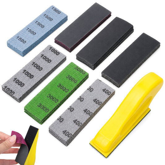 70PCS Micro Detail Sander Paper Kit, Fine Grit Sandpaper, Wet Dry Sandpaper, Grit 400 600 800 1000 1500 2000 3000, 3.5”x 1”Hand Sanding Block with Hook and Loop Sanding Strips for Crafts Woodworking