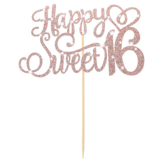Glittery 16th Happy Birthday Cake Topper, Happy 16th Birthday Cake Toppers Birthdays Candles Sweet 16 Cakes Decorations for Celebrating 16ths Birthdays Anniversary Party Decoration, Rose Gold