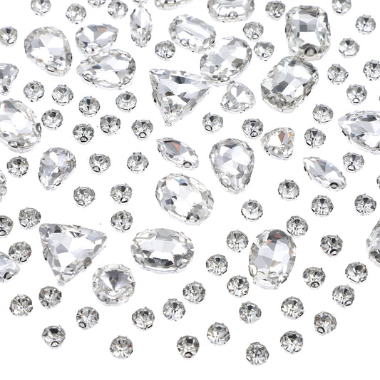Sew on Rhinestones, 130 Pcs Mixed Shapes Glass Rhinestones Metal Flatback with Silver Claw Sew on Crystals Gems Crystal Clear White Rhinestones for Crafting Jewelry Making Clothes Costume Garment